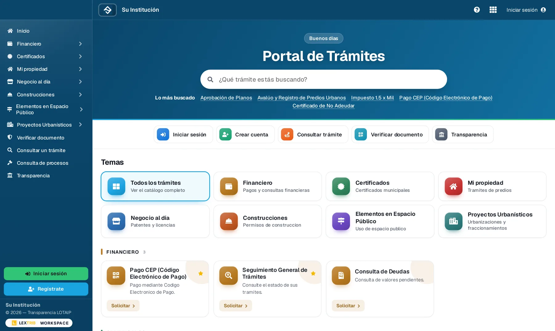 Portal de trámites de LEXTRIB Workspace: buscador, accesos rápidos, temas y trámites en línea